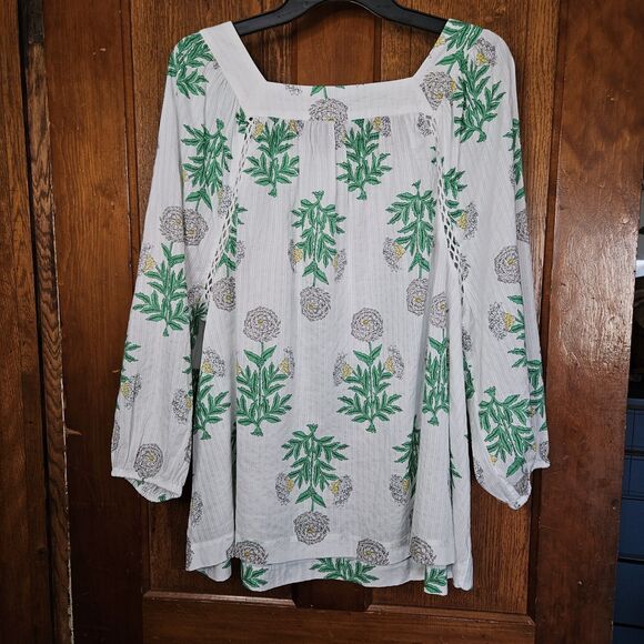 LANE BRYANT Sz18/20 White Green Boho Peasant Blouse Square Neck Tropical Floral - Picture 2 of 4